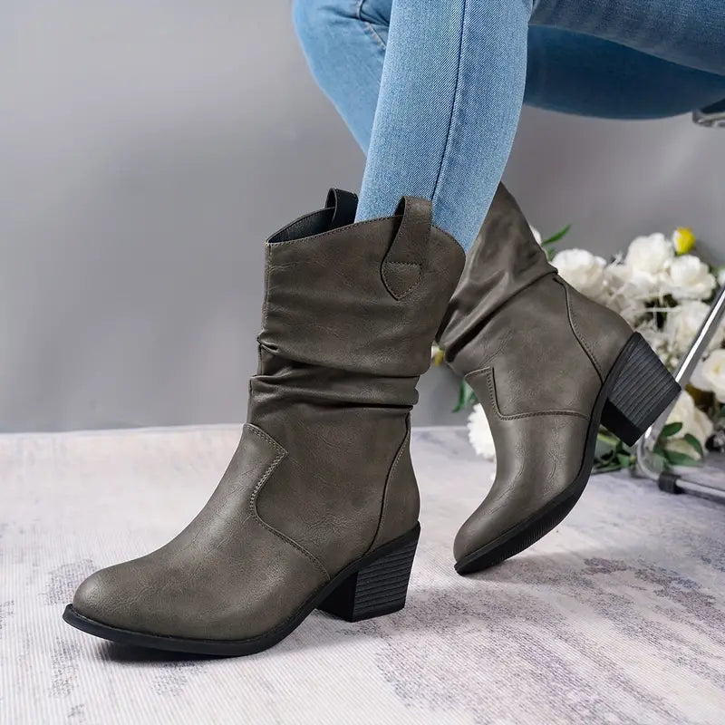 Bottes mi-mollet femme style western coutures décoratives talon