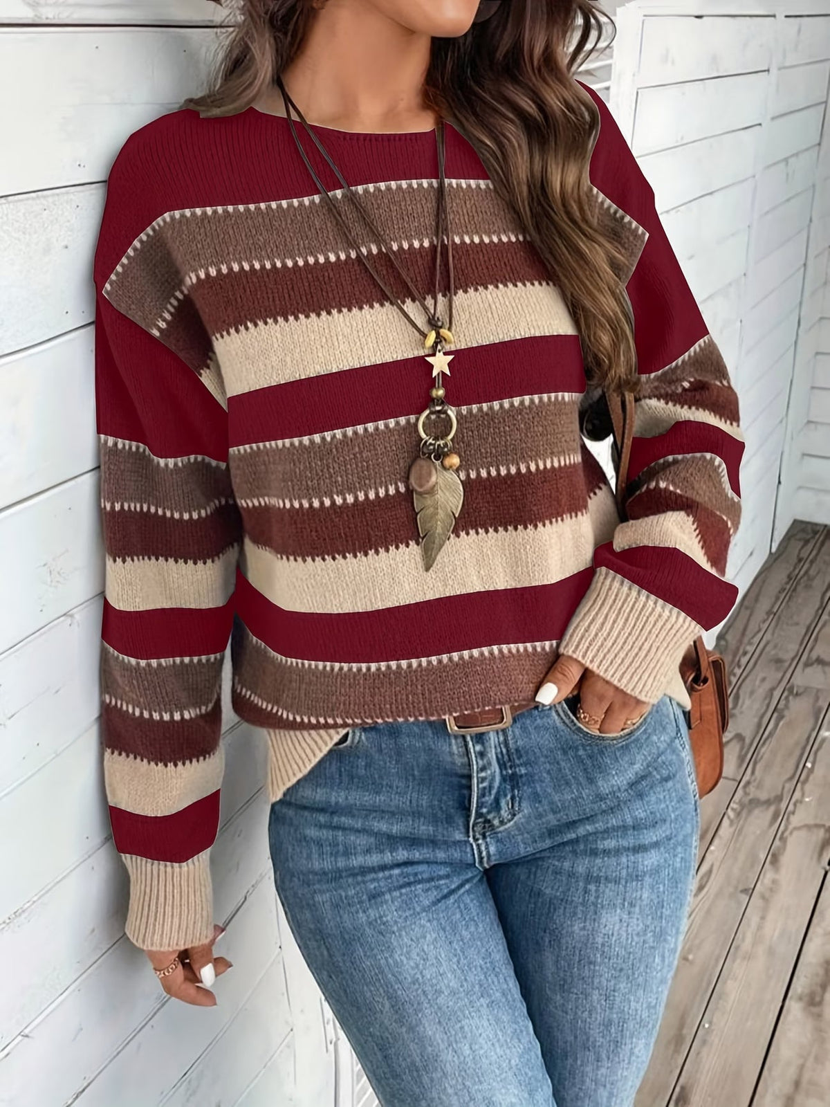 Jersey de mujer de punto a rayas, cuello redondo, clásico y atemporal