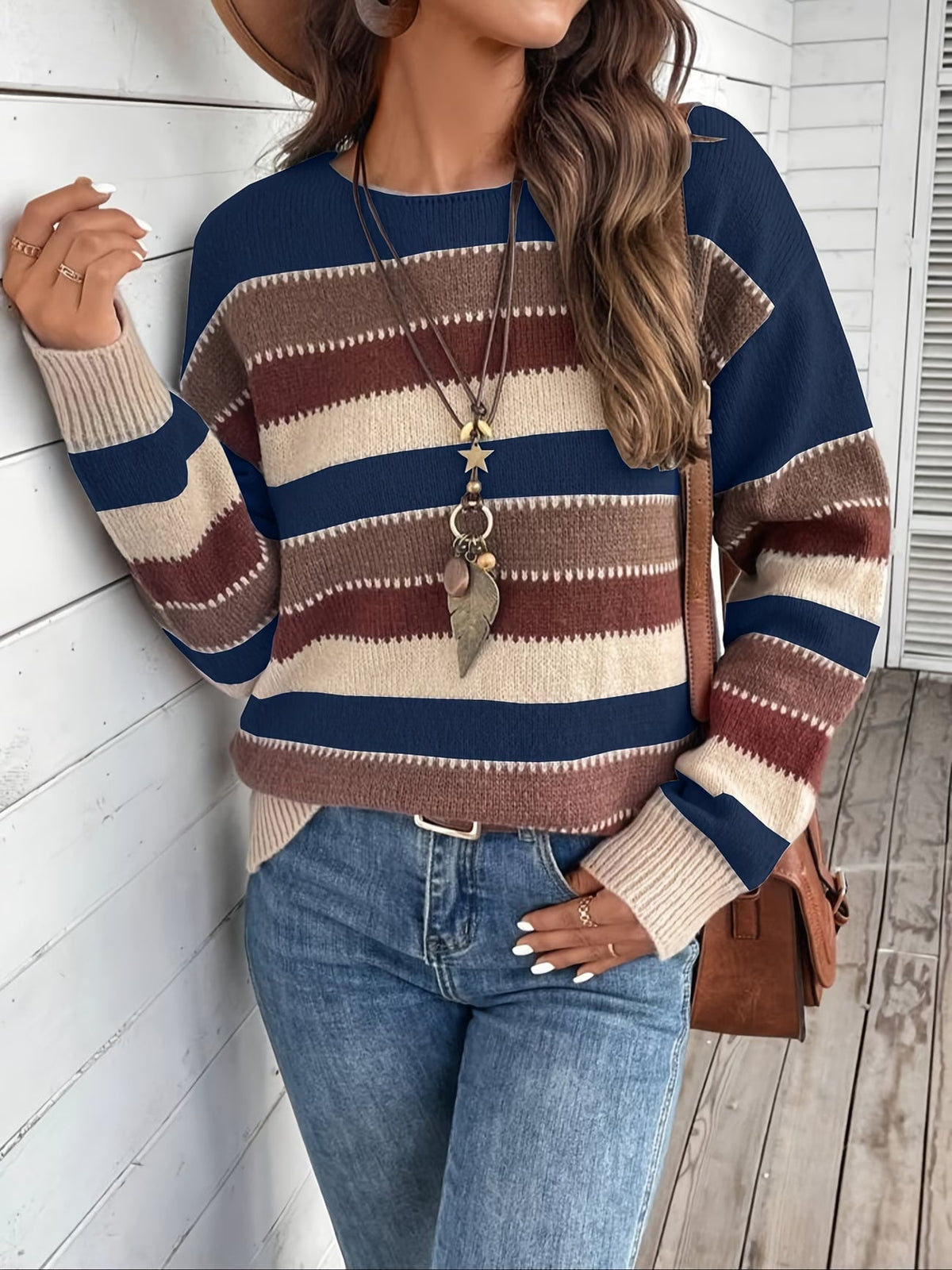 Jersey de mujer de punto a rayas, cuello redondo, clásico y atemporal
