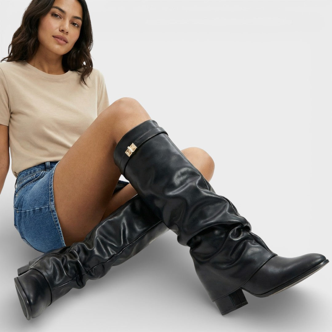 Botas altas para mujer, punta afilada, fruncidas, con hebilla y tacón bajo
