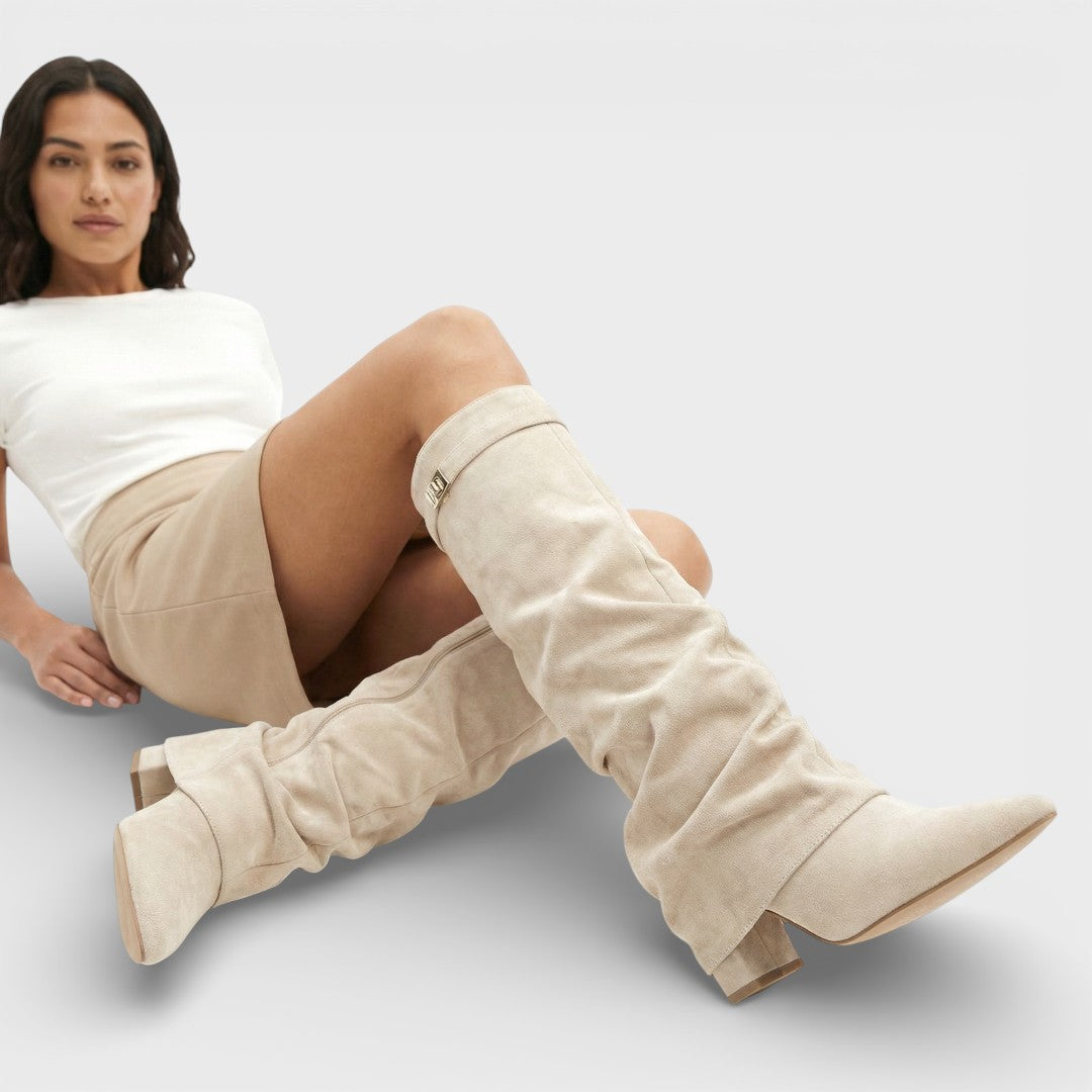 Botas altas para mujer, punta afilada, fruncidas, con hebilla y tacón bajo