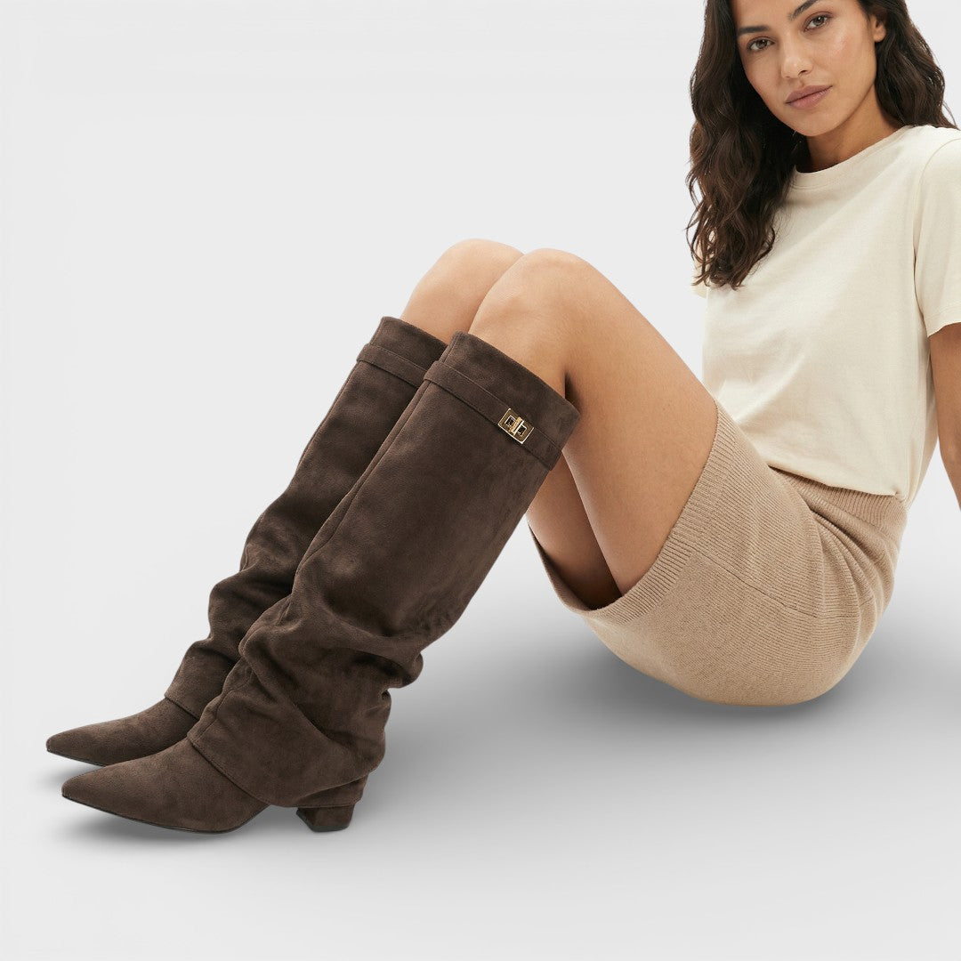 Botas altas para mujer, punta afilada, fruncidas, con hebilla y tacón bajo