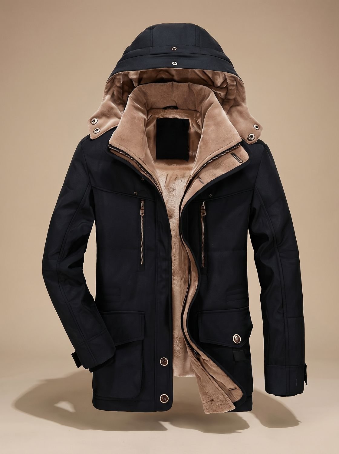 Men’s fleece-lined coat with removable hood and zippered pockets