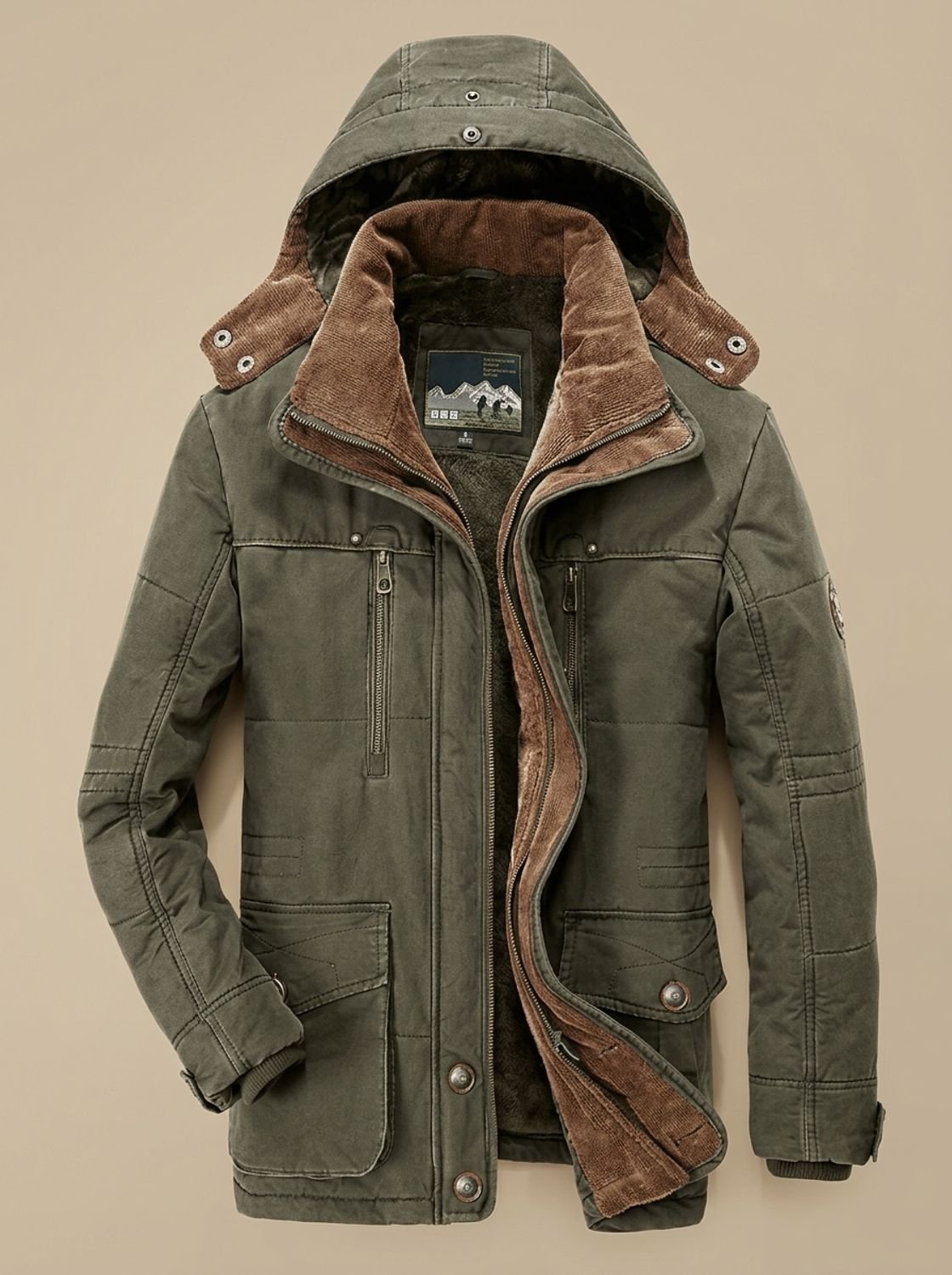 Men’s fleece-lined coat with removable hood and zippered pockets