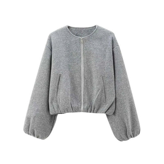 Women’s lightweight bomber jacket with a round neck, elastic hem, and modern style