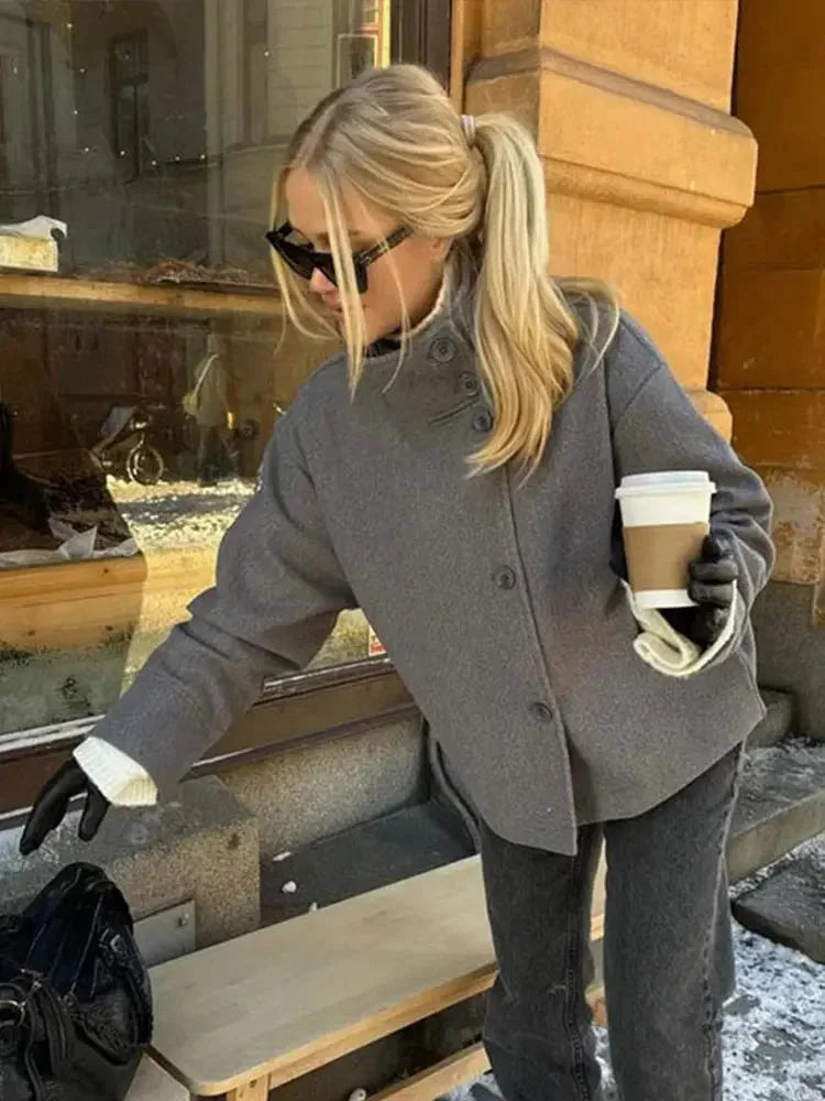 Women’s short coat with buttons, stand collar, elegant and modern