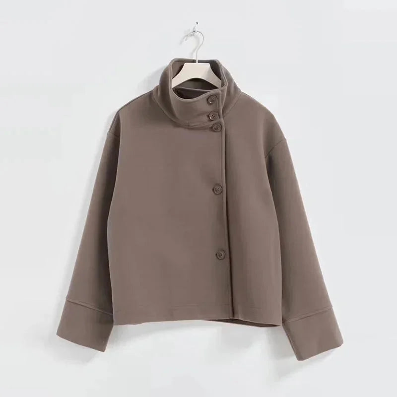 Women’s short coat with buttons, stand collar, elegant and modern