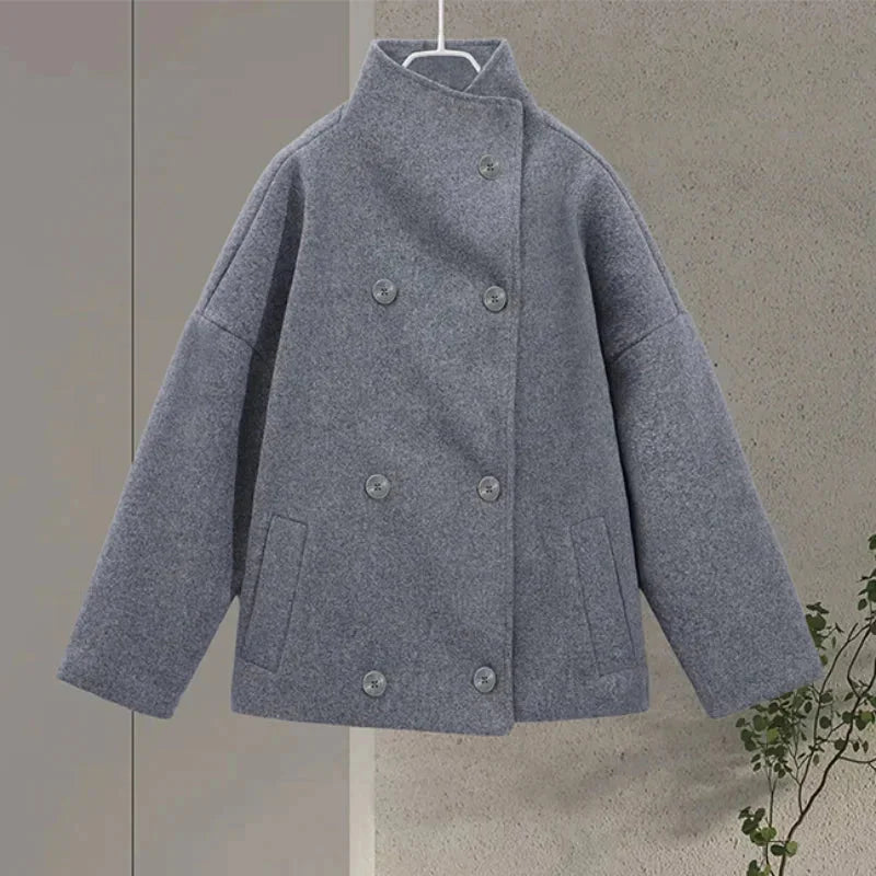 Women’s short coat with buttons, stand collar, elegant and modern