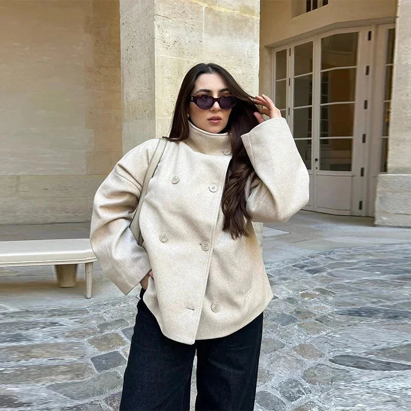 Women’s short coat with buttons, stand collar, elegant and modern