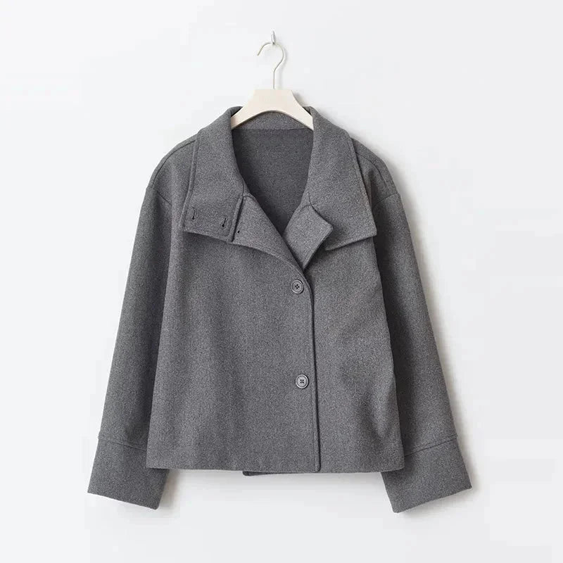 Women’s short coat with buttons, stand collar, elegant and modern