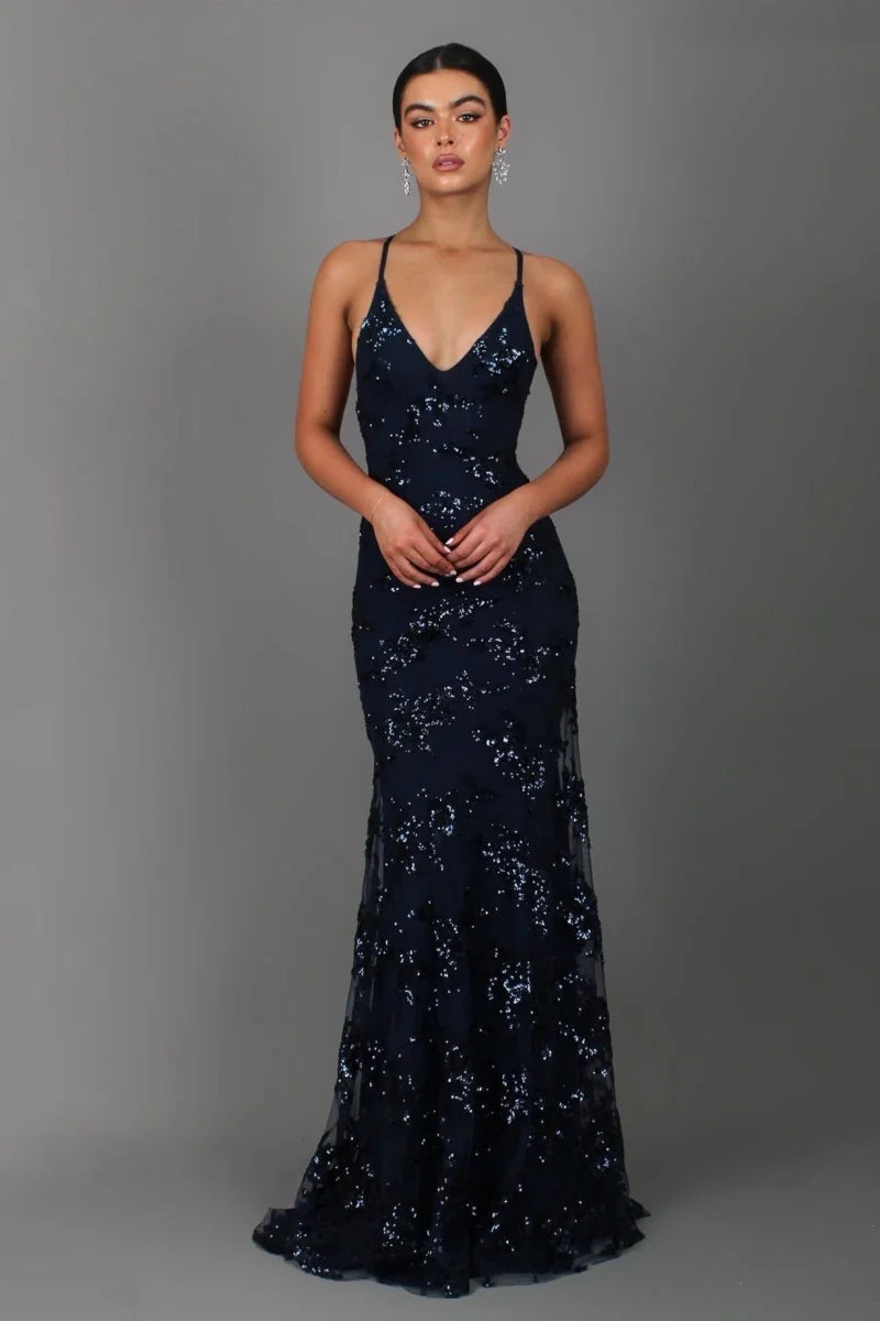 Robe soirée longue femme paillettes dos nu bretelles spaghetti