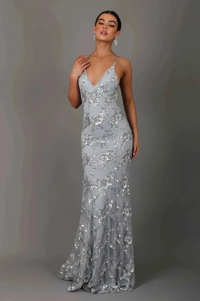 Robe soirée longue femme paillettes dos nu bretelles spaghetti