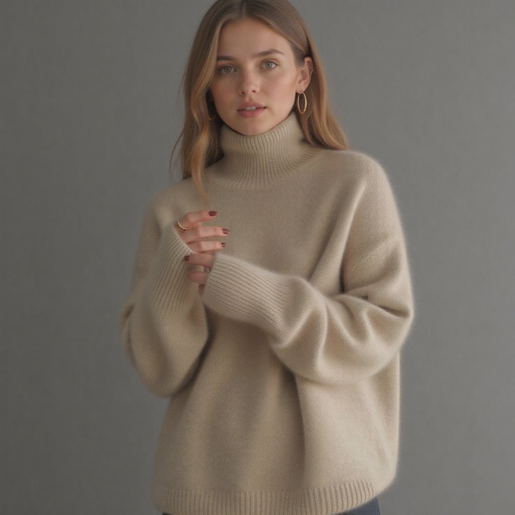 Pull col roulé oversize femme cachemire chaud doux élégant