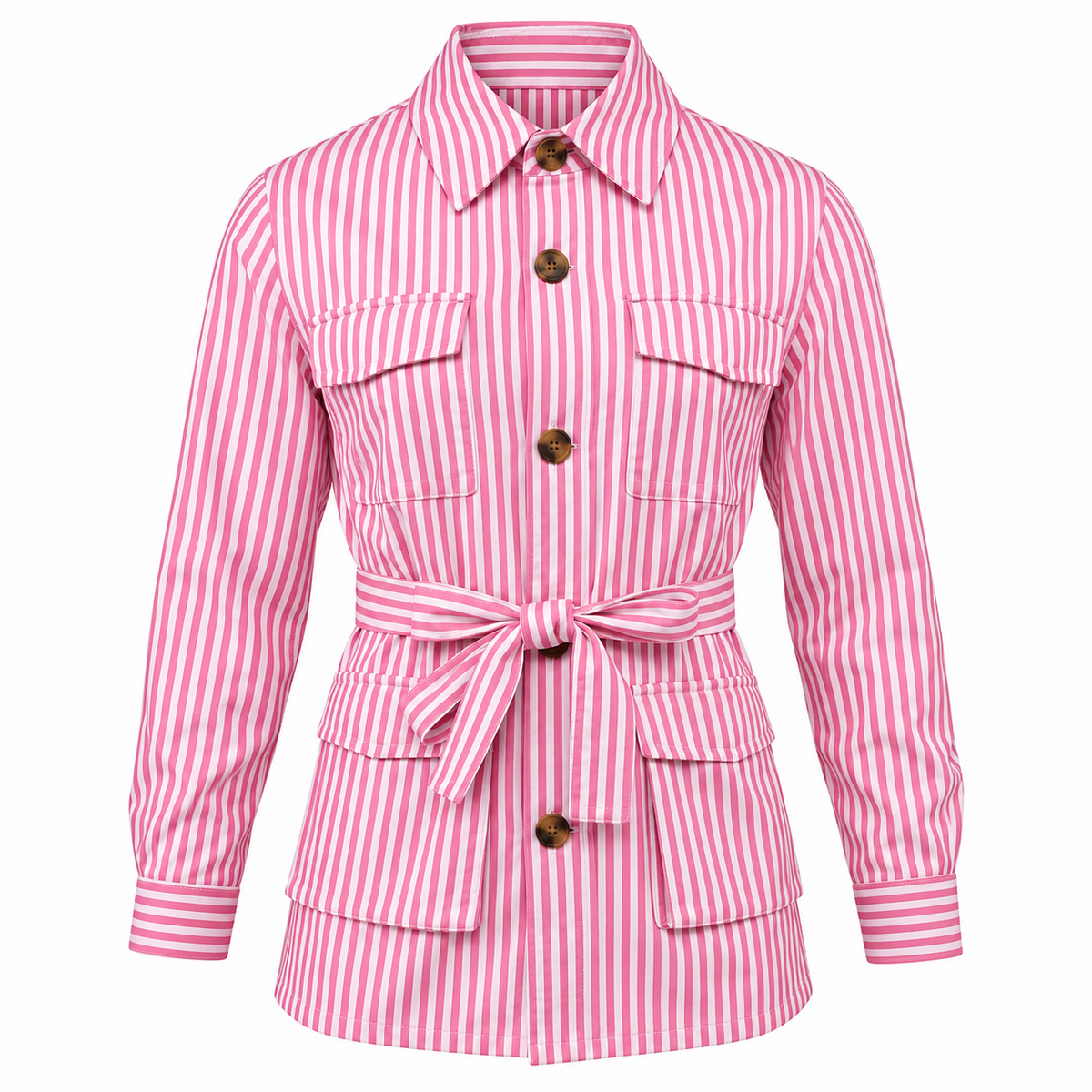 Chaqueta sahariana para hombre, a rayas, con cinturón y cuatro bolsillos de parche
