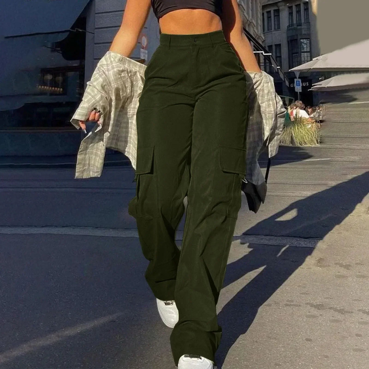 Pantalon cargo baggy femme taille haute multipoches style