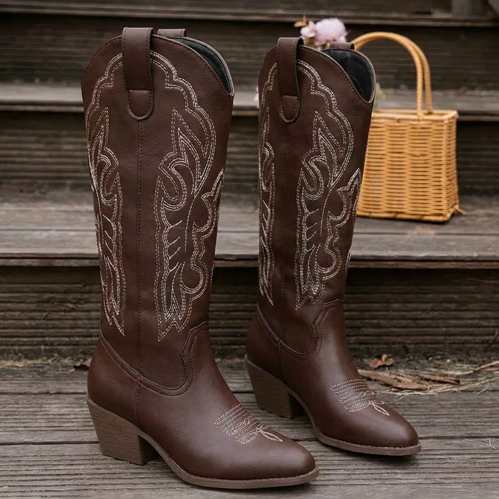 Botas vaqueras de mujer con bordado, tacón cuadrado y auténtico estilo western