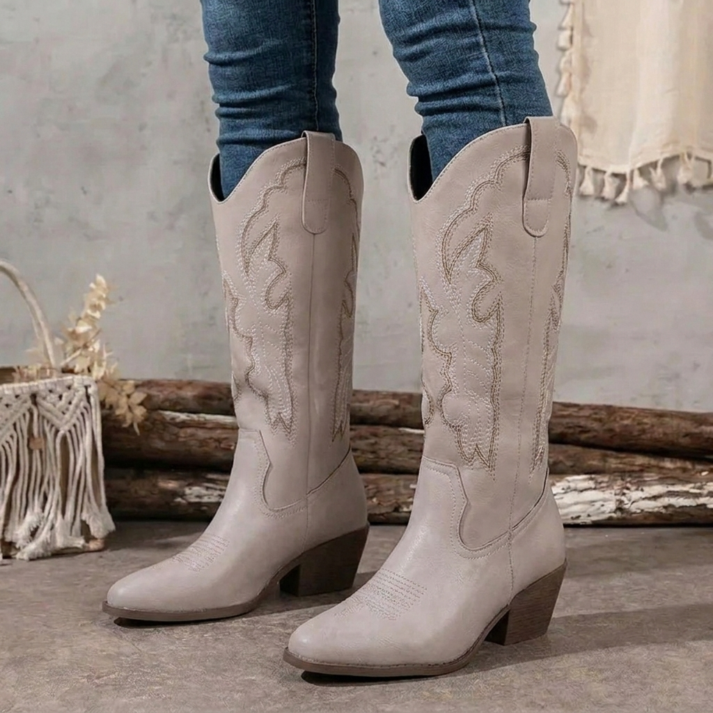 Botas vaqueras de mujer con bordado, tacón cuadrado y auténtico estilo western