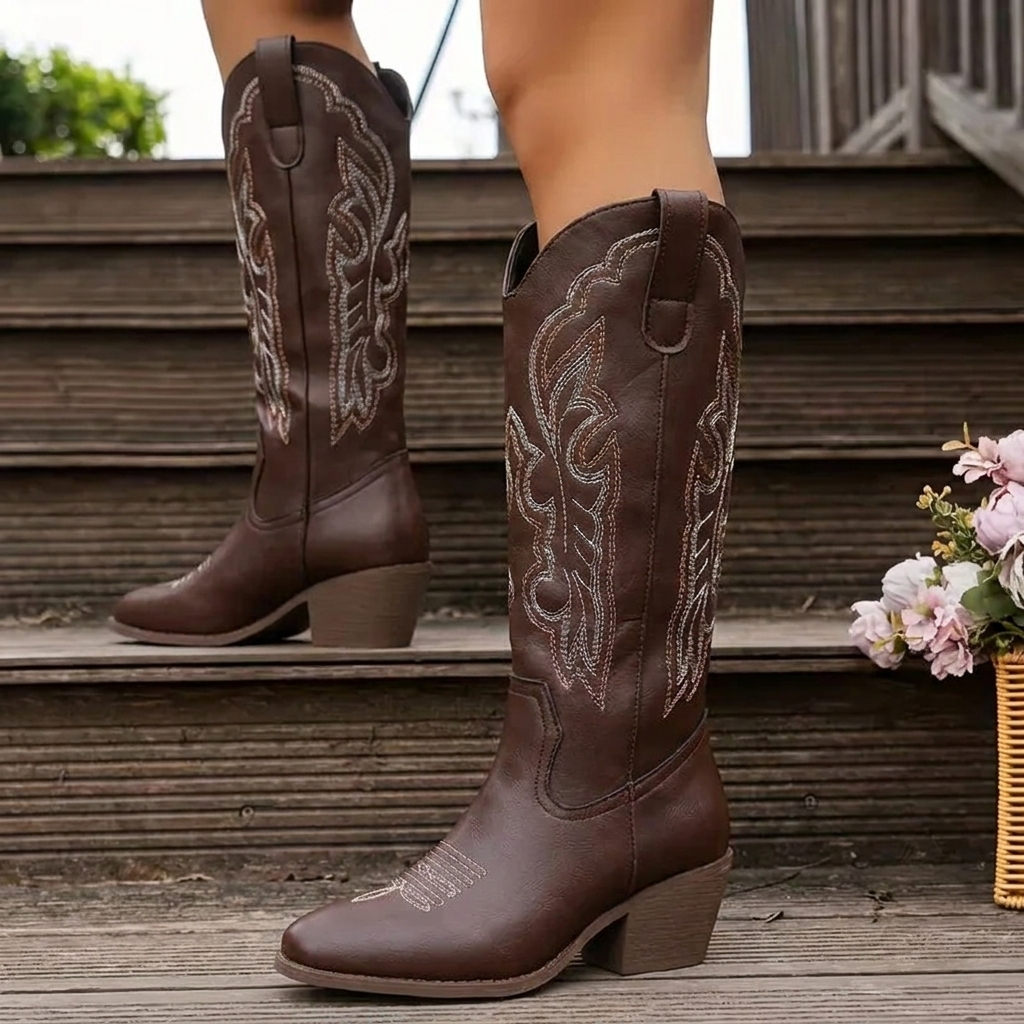 Botas vaqueras de mujer con bordado, tacón cuadrado y auténtico estilo western