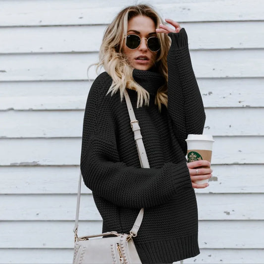Maglione da donna a collo alto, lavorato a maglia, lungo e caldo, per autunno e inverno