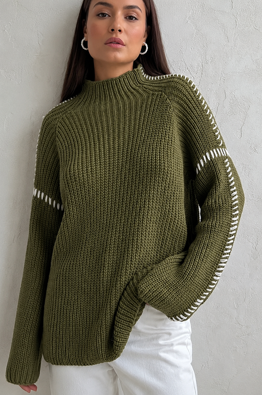 Maglione chunky oversize da donna a collo alto, con lavorazione a contrasto, per l’inverno