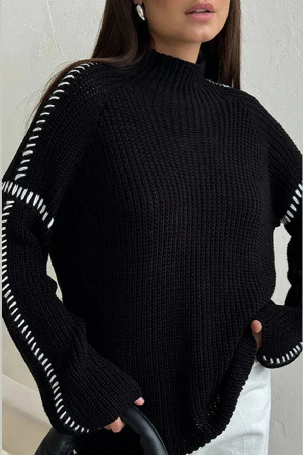 Pull femme chunky oversize col montant point contrasté hiver