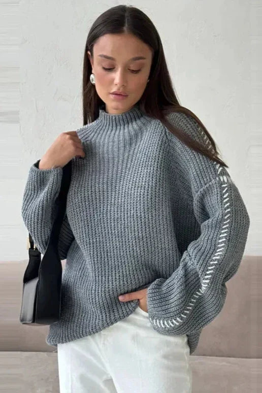 Pull femme chunky oversize col montant point contrasté hiver