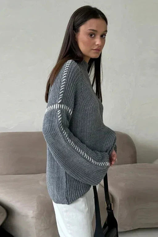 Pull femme chunky oversize col montant point contrasté hiver