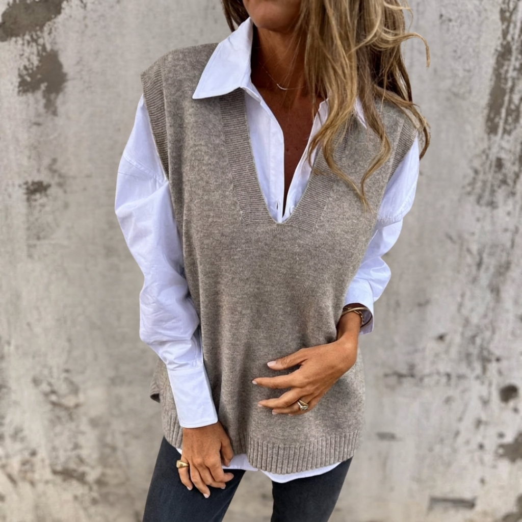 Gilet tricoté femme oversize col V plongeant finitions côtelées