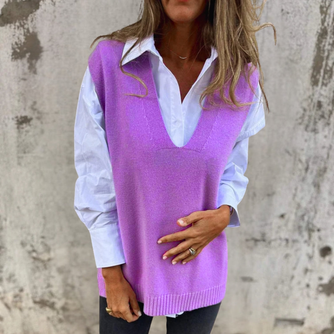 Gilet tricoté femme oversize col V plongeant finitions côtelées