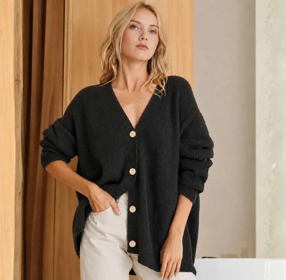 Women’s oversized longline ribbed V-neck button cardigan