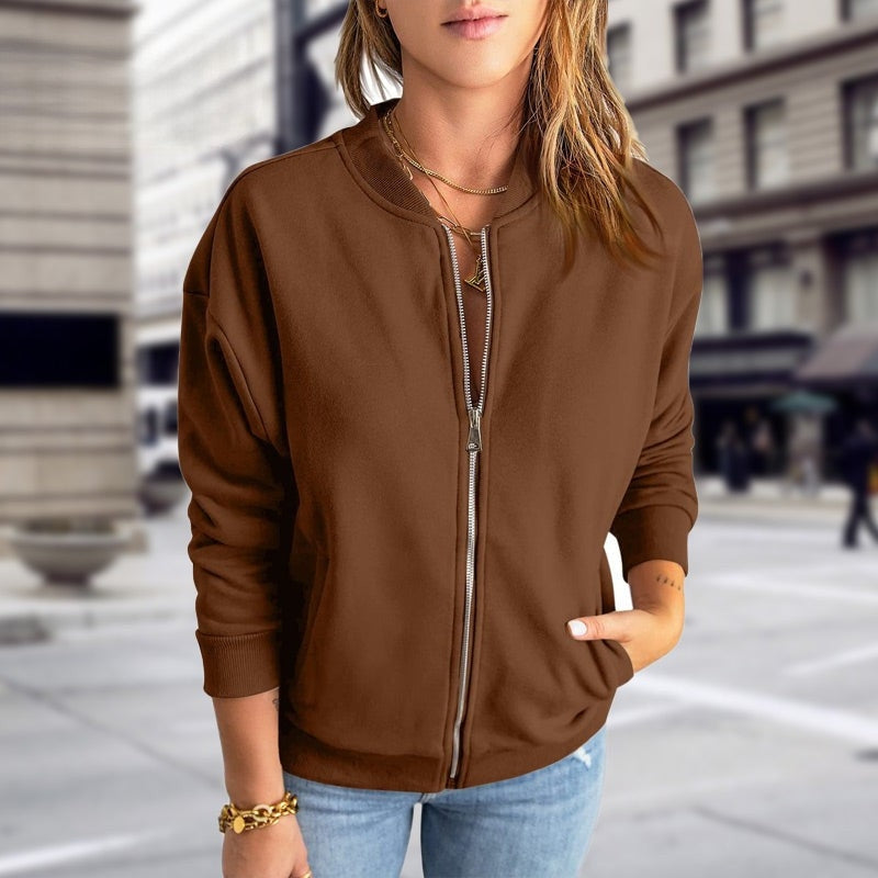 Women's zip-up bomber jacket with pockets, casual and trendy