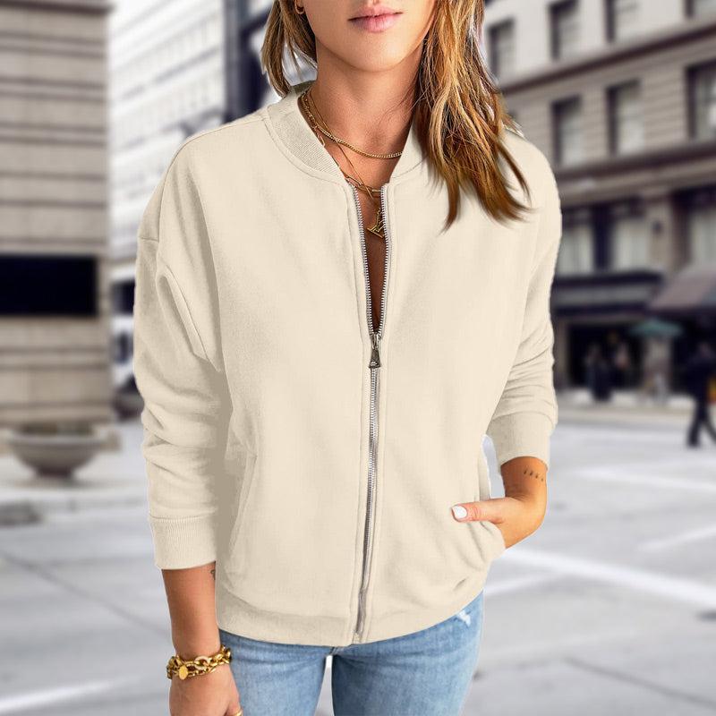 Women's zip-up bomber jacket with pockets, casual and trendy
