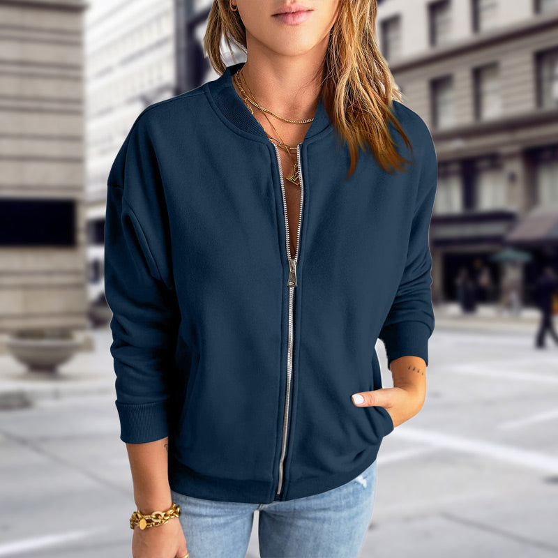 Women's zip-up bomber jacket with pockets, casual and trendy