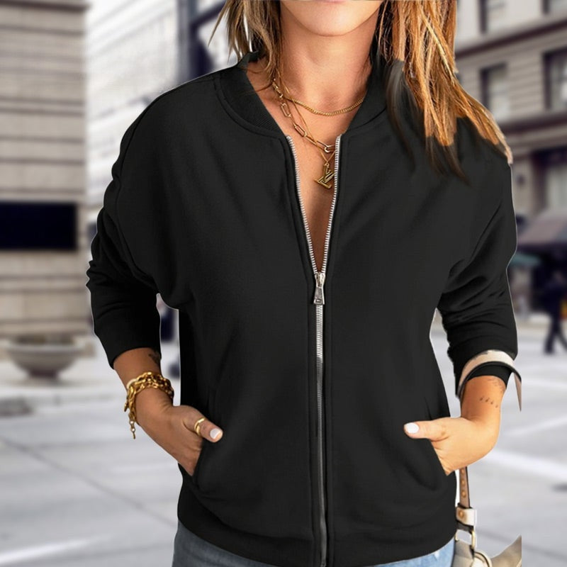 Women's zip-up bomber jacket with pockets, casual and trendy