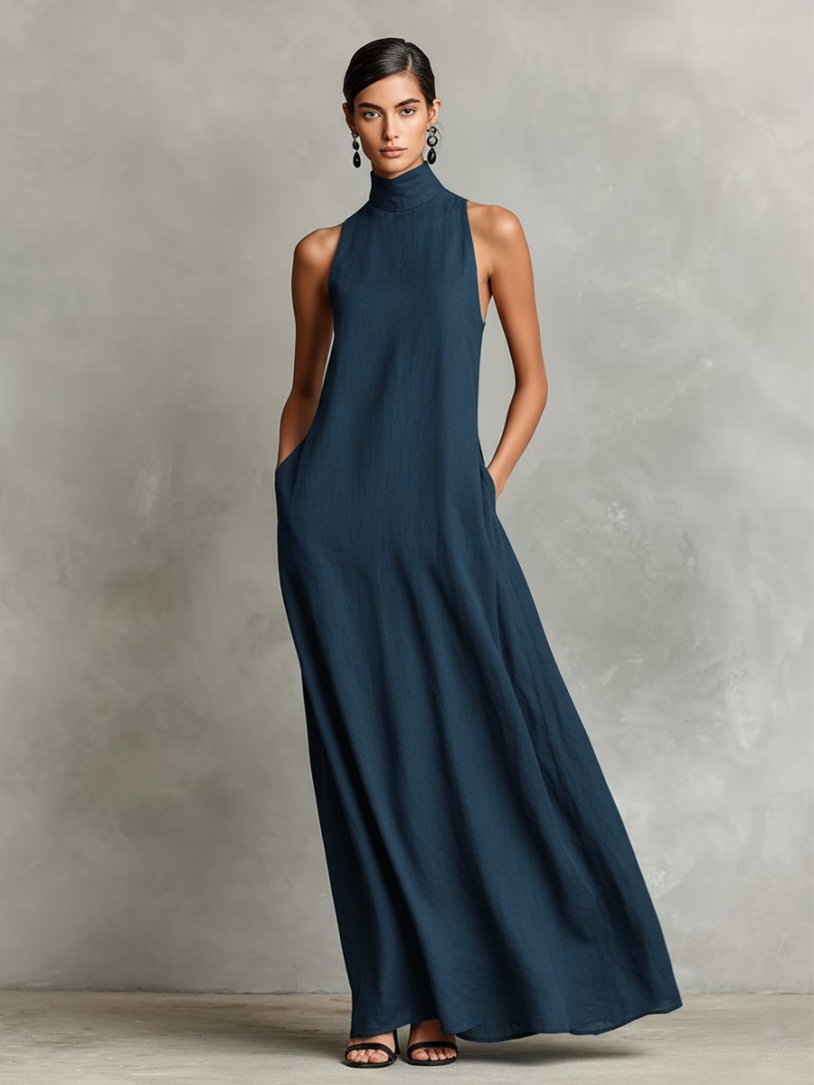 Robe maxi femme lin col montant poches latérales minimaliste