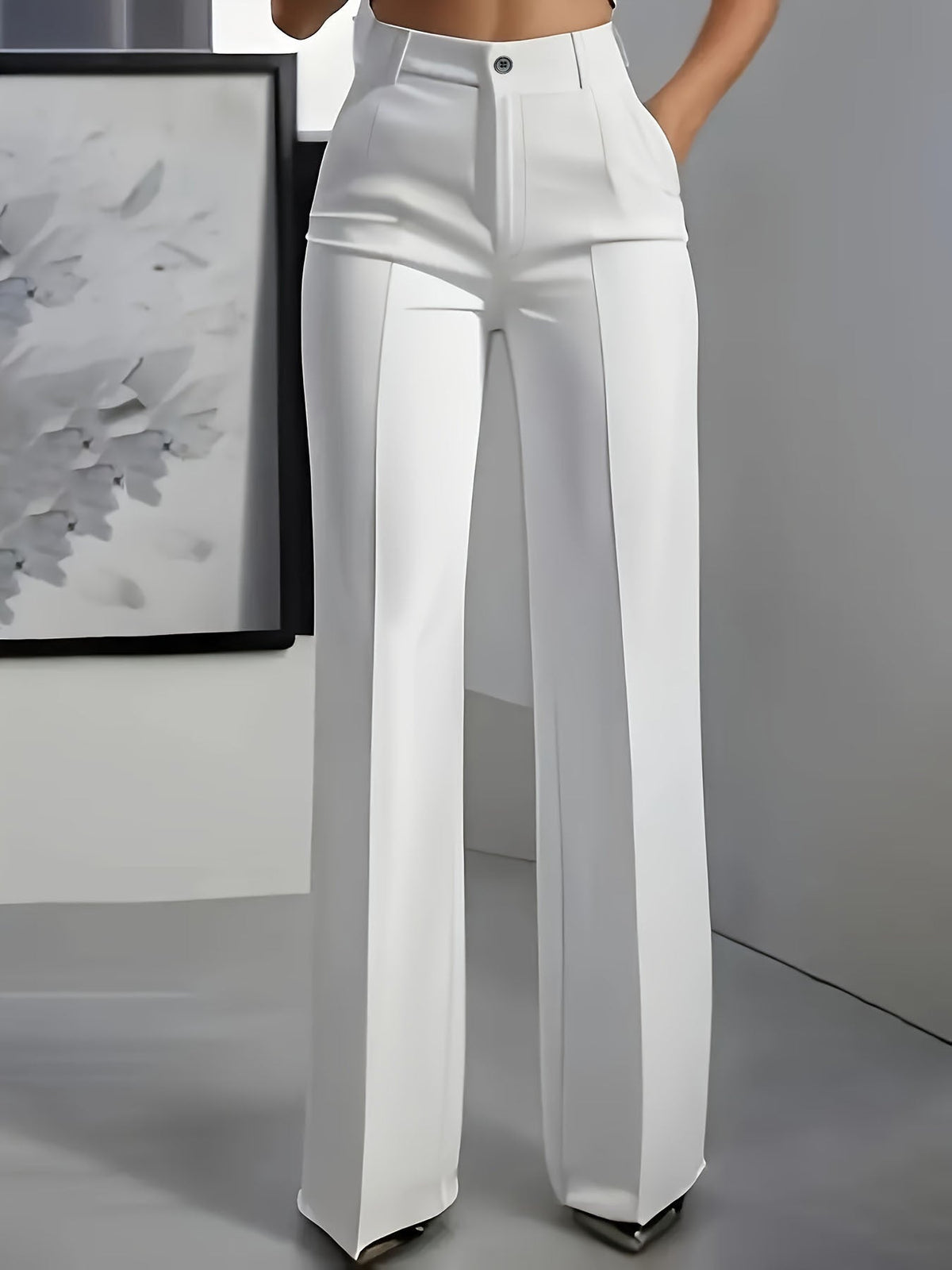 Pantalon jambe large femme taille haute tissu structuré