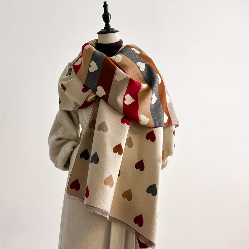 Bufanda de mujer con estampado de corazones y flecos, accesorio suave