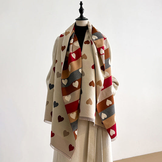 Bufanda de mujer con estampado de corazones y flecos, accesorio suave