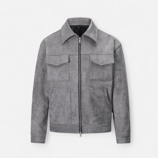 Giacca da uomo oversize in similpelle scamosciata, con colletto con revers e chiusura a zip
