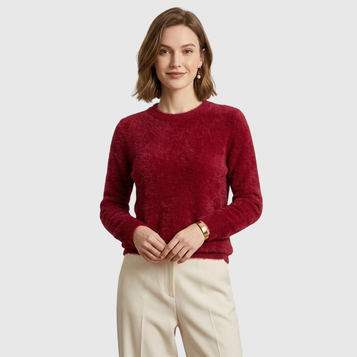 Pull femme cachemire col rond manches longues coupe droite