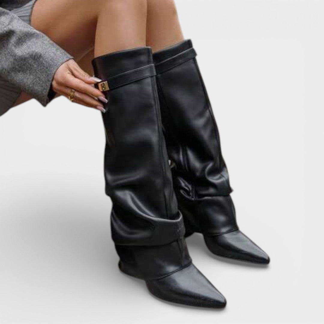 Botas altas para mujer, punta afilada, fruncidas, con hebilla y tacón bajo