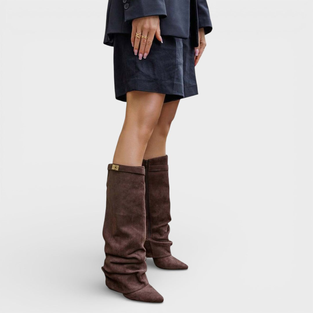 Botas altas para mujer, punta afilada, fruncidas, con hebilla y tacón bajo