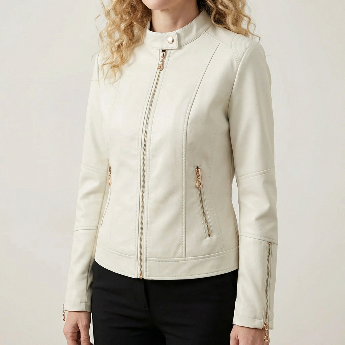 Veste en Similicuir Coupe-Vent Boutons Décoratifs pour Femme