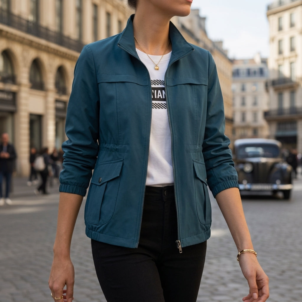 Veste en Coton Zippée Taille à Cordon pour Femme