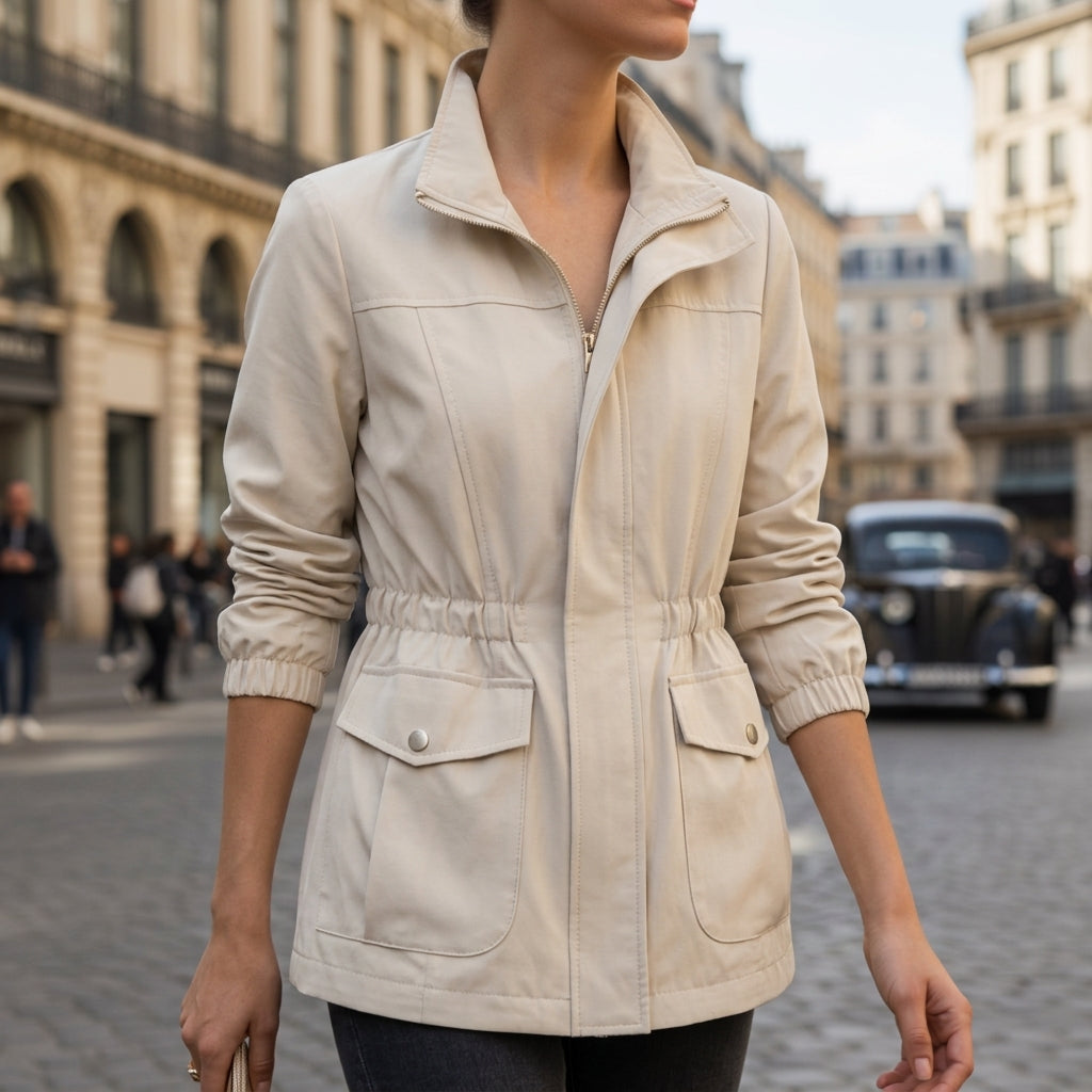 Veste en Coton Zippée Taille à Cordon pour Femme
