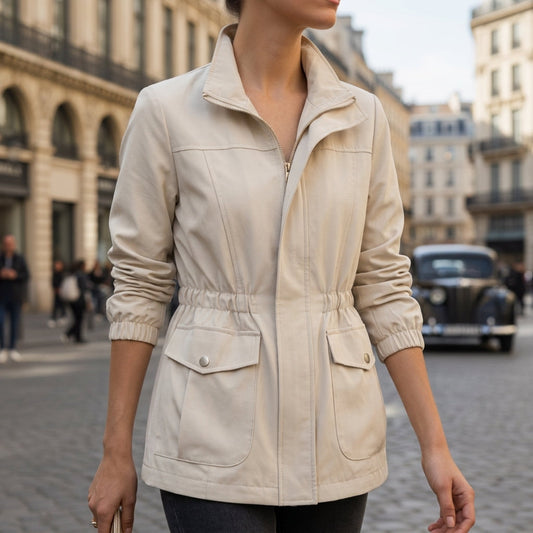 Women's Cotton Zip-Up Jacket with Drawstring Waist