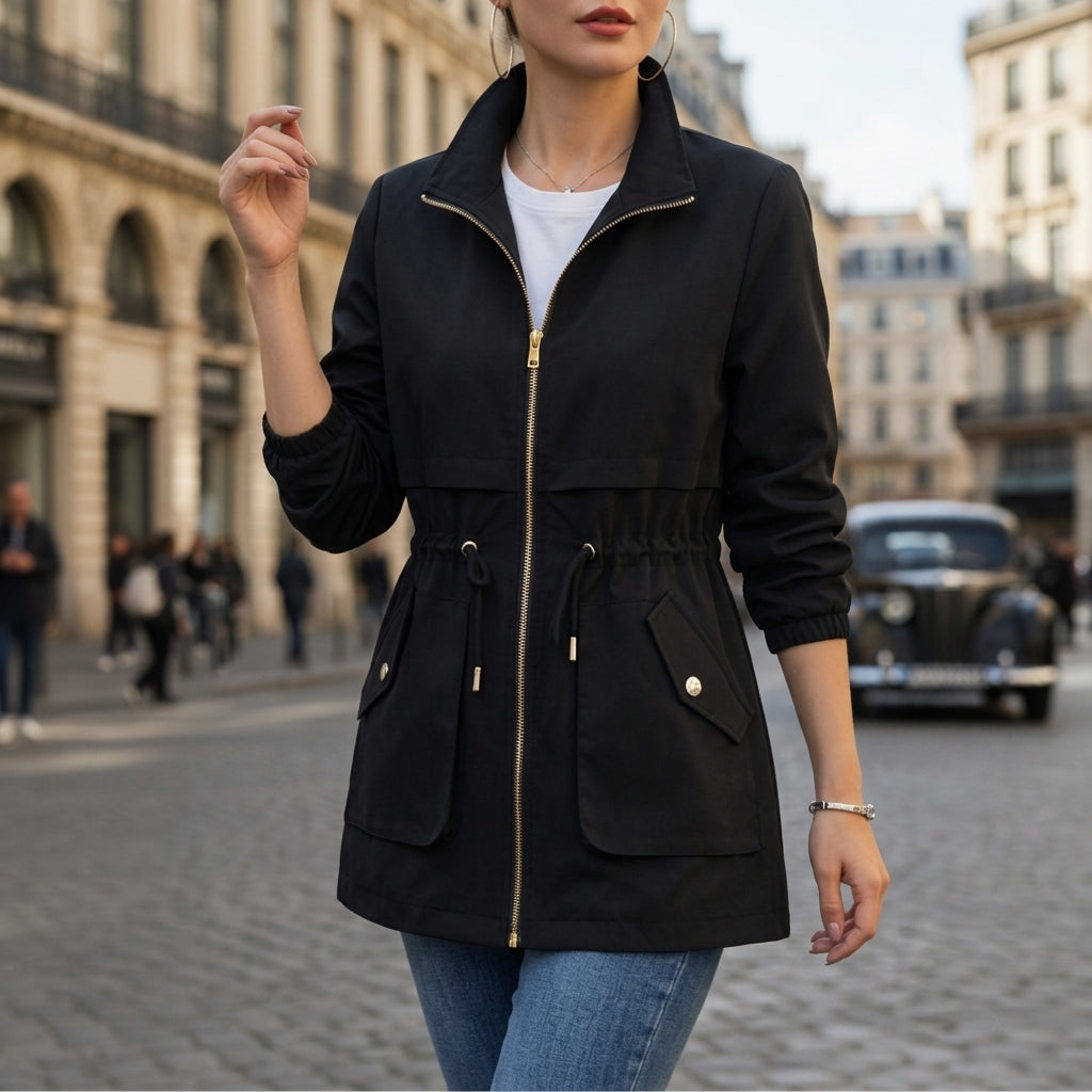 Veste en Coton Zippée Taille à Cordon pour Femme