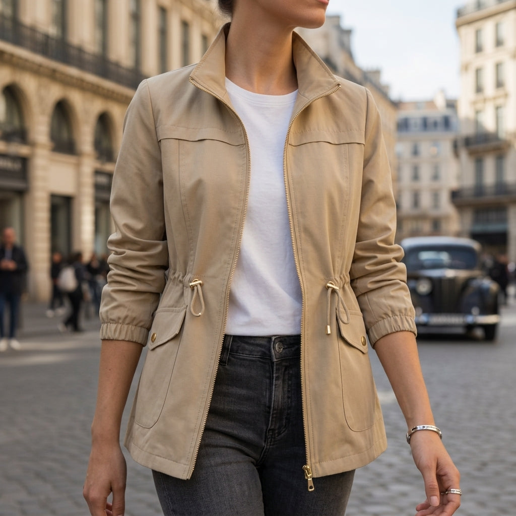 Veste en Coton Zippée Taille à Cordon pour Femme