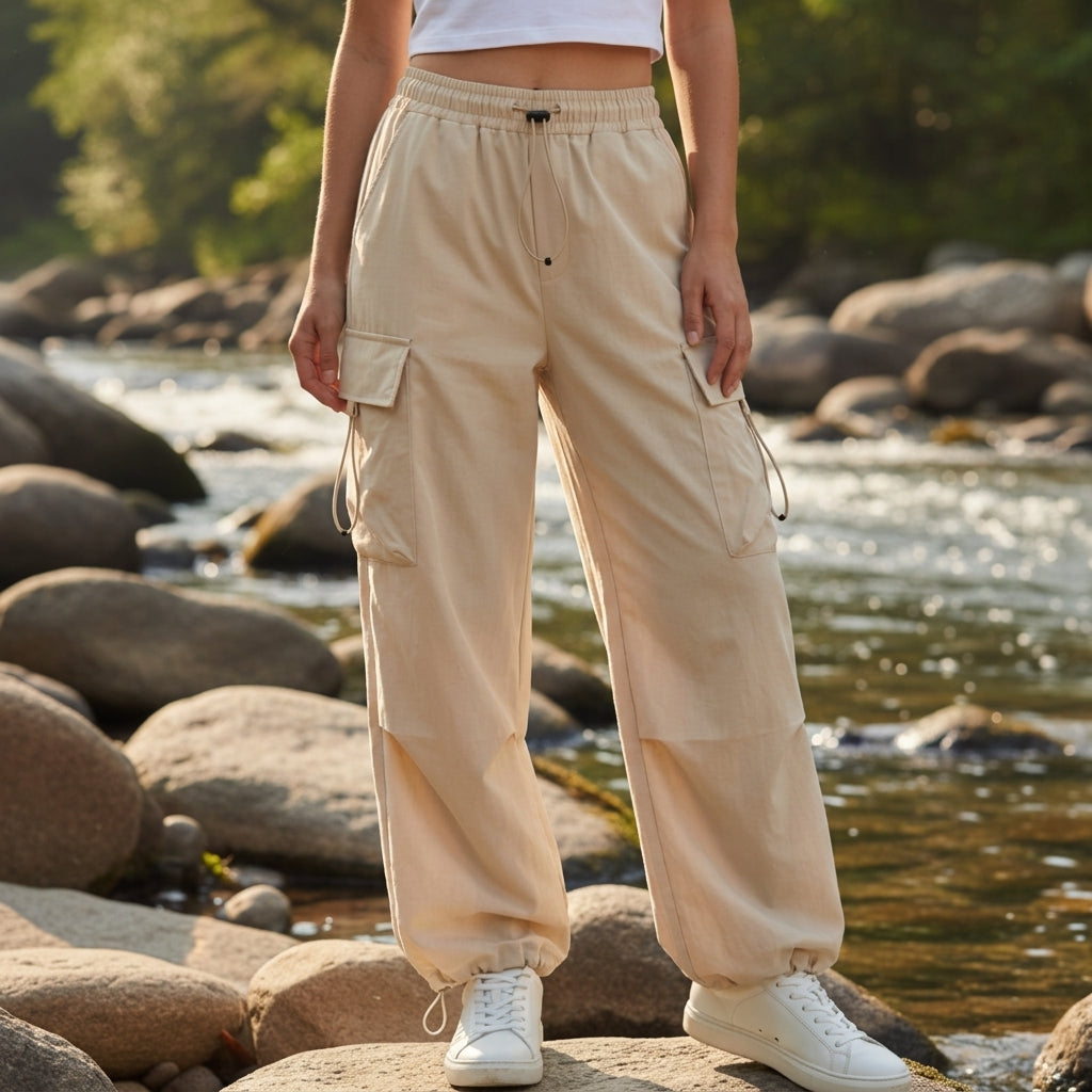 Pantalon Cargo en Coton Taille à Cordon pour Femme