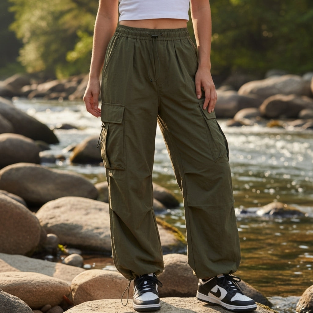 Pantalon Cargo en Coton Taille à Cordon pour Femme